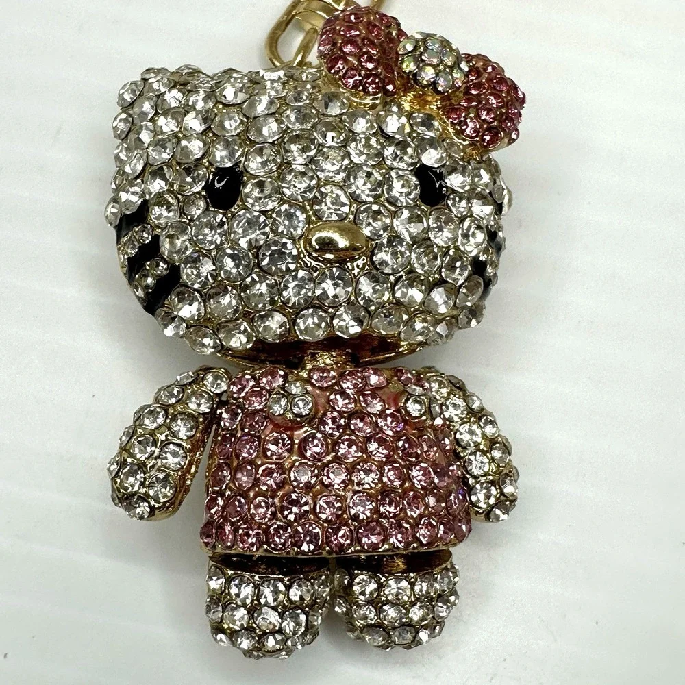 Hello Kitty Style Rhinestone Keychain Pink Crystal Cat Bag Charm Gold Tone